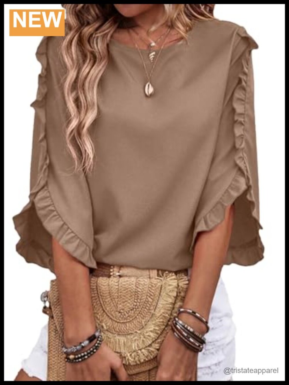 Womens 3/4 Sleeve Ruffle Blouse Dressy Casual Work Top